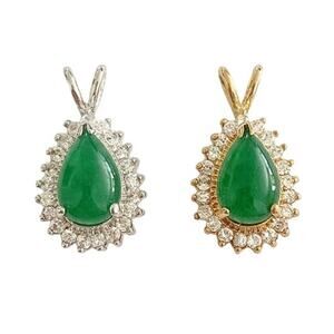 NWT 2 Jade Teardrop Cubic Zirconia Halo Gold/Silver Plated Pendants